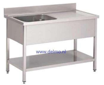 Blokvlak rvs spoeltafel 140x70cm. met spoelbak links, op open onderstel